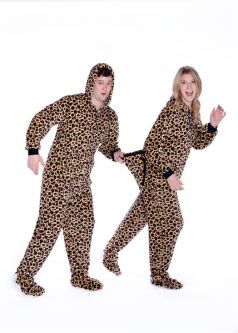 Plush Adult Footed Pajamas With Hood in Leopard Print